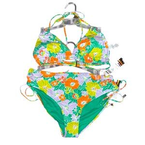NWT Time and Tru Retro Floral Triangle Bikini Top w/Tie side bottom